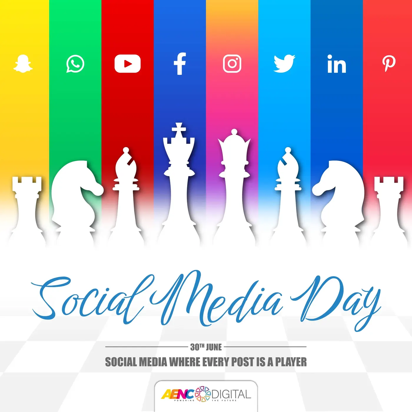 Social Media Day campaign artwork with chess pieces and social icons