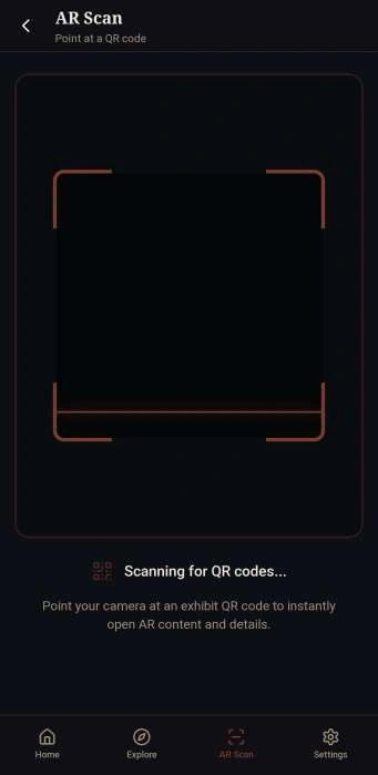 Dark PARM Companion AR Scan screen with a QR viewfinder and bottom navigation.