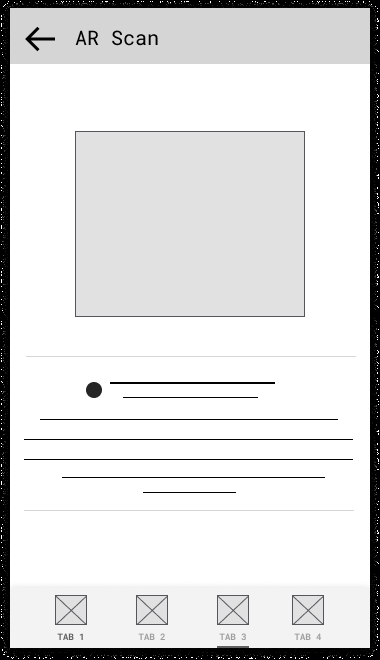 Greyscale PARM AR Scan wireframe with a viewfinder placeholder and four bottom navigation tabs.