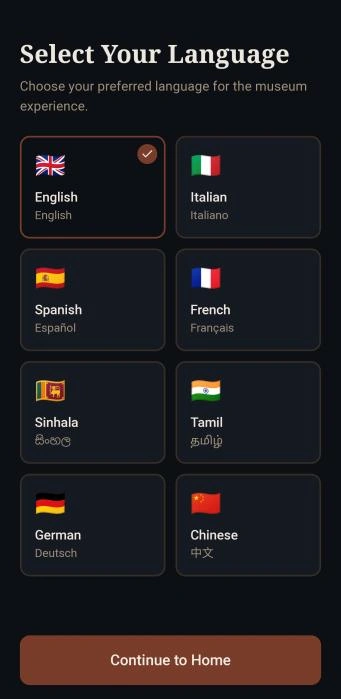 PARM Companion language-selection screen with English selected and a Continue to Home button.